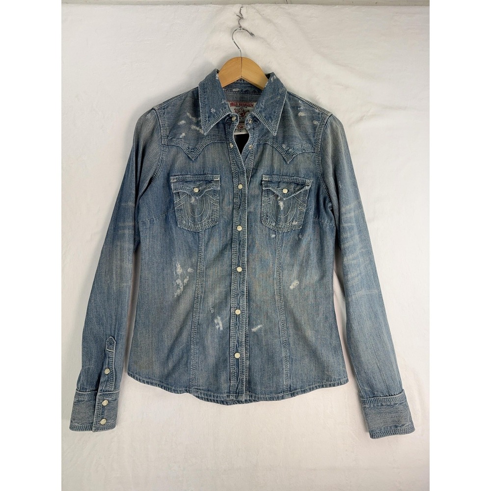 True Religion Shirt Womens Small‎ Denim Distressed Pearl Snap Western Vintage